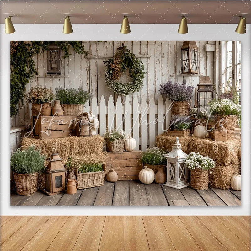 Lofaris Rustic Farmhouse Photography Backdrop with Hay Bales and Pumpkins Elegant Floral Wall Tapestry for Autumn Photoshoot