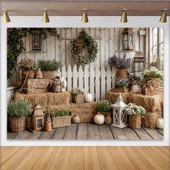 Lofaris Rustic Farmhouse Photography Backdrop with Hay Bales and Pumpkins Elegant Floral Wall Tapestry for Autumn Photoshoot