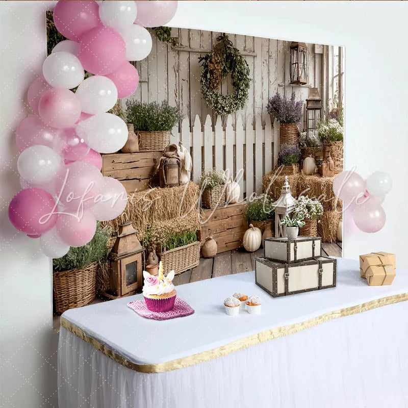 Lofaris Rustic Farmhouse Photography Backdrop with Hay Bales and Pumpkins Elegant Floral Wall Tapestry for Autumn Photoshoot