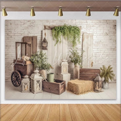 Lofaris Rustic Farmhouse Photography Backdrop with White Brick and Wood Vintage Greenery and Lanterns for Studio Photoshoot