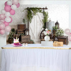 Lofaris Rustic Farmhouse Photography Backdrop with White Brick Wall and Barn Door Vintage Studio Background for Portrait Photoshoot