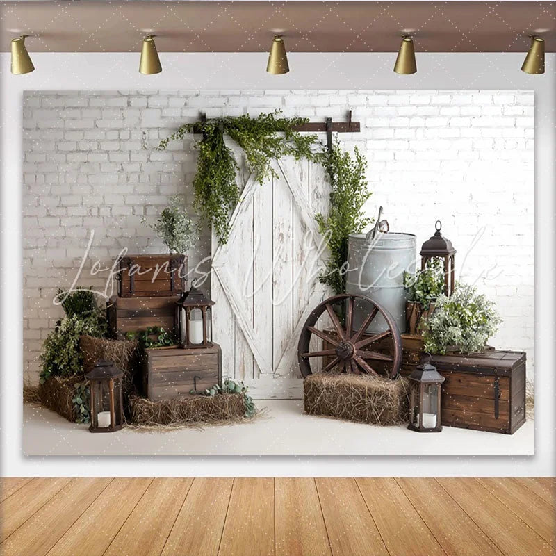 Lofaris Rustic Farmhouse Photography Backdrop with White Brick Wall and Barn Door Vintage Studio Background for Portrait Photoshoot