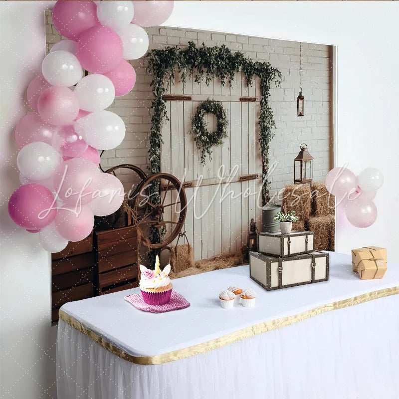 Lofaris Rustic Farmhouse Photography Backdrop with White Brick Wall and Greenery Vintage Barn Door Background for Studio Photoshoot