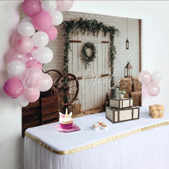 Lofaris Rustic Farmhouse Photography Backdrop with White Brick Wall and Greenery Vintage Barn Door Background for Studio Photoshoot