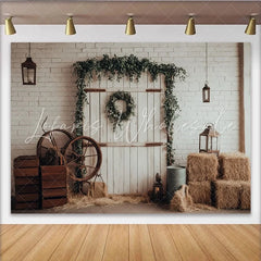 Lofaris Rustic Farmhouse Photography Backdrop with White Brick Wall and Greenery Vintage Barn Door Background for Studio Photoshoot