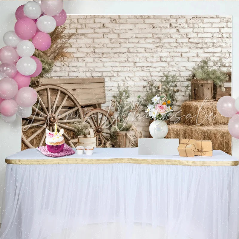 Lofaris Rustic Farmhouse Photography Backdrop with White Brick Wall and Wagon Wheels Natural Hay Bales and Greenery Background