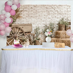 Lofaris Rustic Farmhouse Photography Backdrop with White Brick Wall and Wagon Wheels Natural Hay Bales and Greenery Background