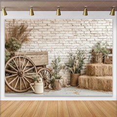 Lofaris Rustic Farmhouse Photography Backdrop with White Brick Wall and Wagon Wheels Natural Hay Bales and Greenery Background
