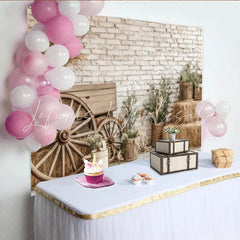 Lofaris Rustic Farmhouse Photography Backdrop with White Brick Wall and Wagon Wheels Natural Hay Bales and Greenery Background