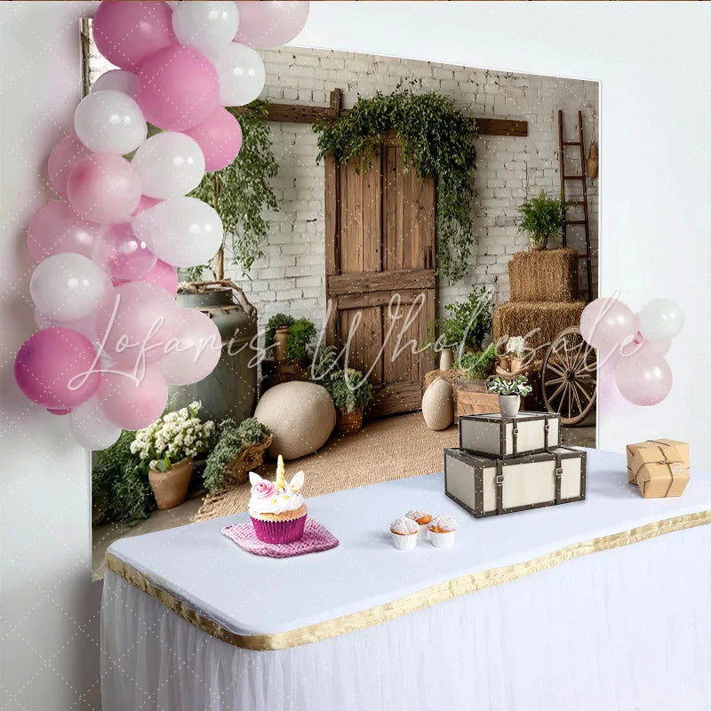 Lofaris Rustic Farmhouse Photography Backdrop with White Brick Wall and Wooden Barn Door Natural Studio Background for Portrait Photoshoot