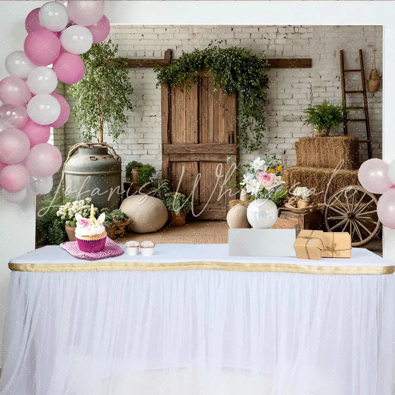 Lofaris Rustic Farmhouse Photography Backdrop with White Brick Wall and Wooden Barn Door Natural Studio Background for Portrait Photoshoot