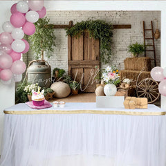 Lofaris Rustic Farmhouse Photography Backdrop with White Brick Wall and Wooden Barn Door Natural Studio Background for Portrait Photoshoot