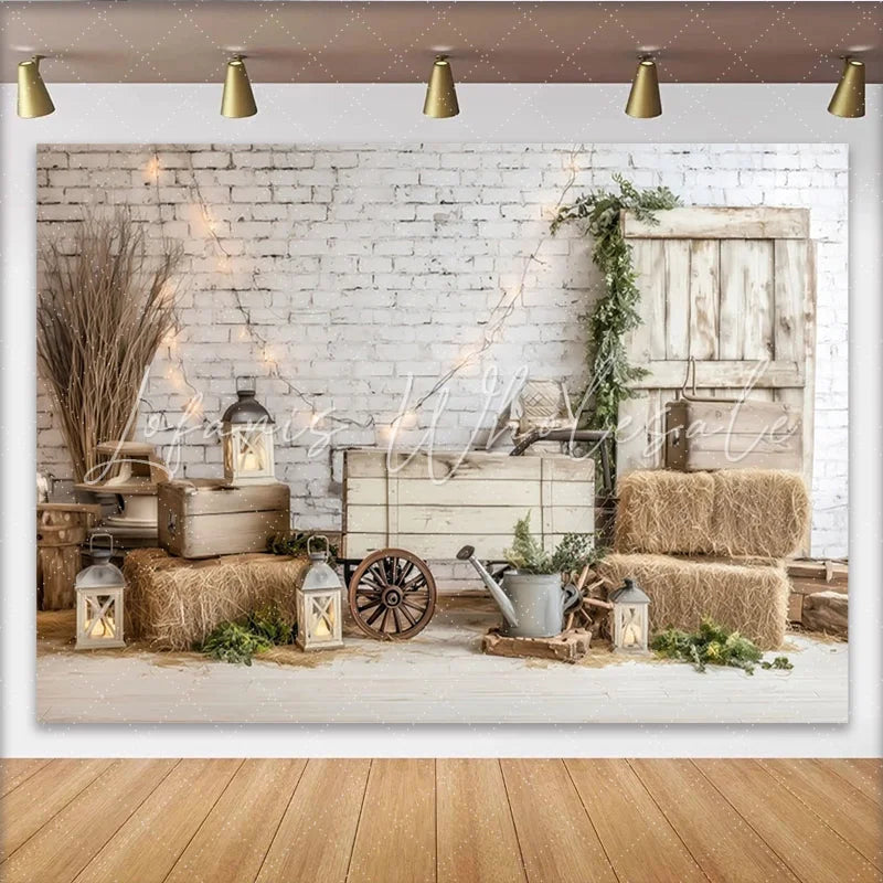 Lofaris Rustic Farmhouse Photography Backdrop with White Brick Wall and Wooden Door Cozy Studio Background for Portrait Sessions and Events