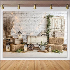 Lofaris Rustic Farmhouse Photography Backdrop with White Brick Wall and Wooden Door Cozy Studio Background for Portrait Sessions and Events