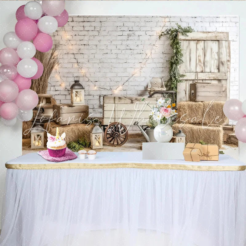 Lofaris Rustic Farmhouse Photography Backdrop with White Brick Wall and Wooden Door Cozy Studio Background for Portrait Sessions and Events
