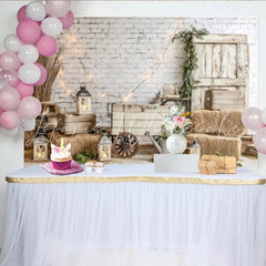 Lofaris Rustic Farmhouse Photography Backdrop with White Brick Wall and Wooden Door Cozy Studio Background for Portrait Sessions and Events