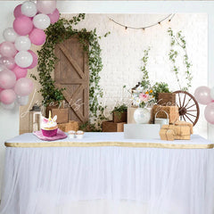 Lofaris Rustic Farmhouse Photography Backdrop with White Brick Wall Wooden Door and Green Ivy Hay Bales Background for Studio Photos