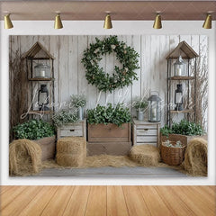 Lofaris Rustic Farmhouse Photography Backdrop with White Wood and Green Wreath Cozy Studio Background for Portrait Photoshoot and Party