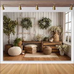 Lofaris Rustic Farmhouse Photography Backdrop with White Wood Wall and Eucalyptus Wreaths Natural Studio Background for Portrait Photoshoot