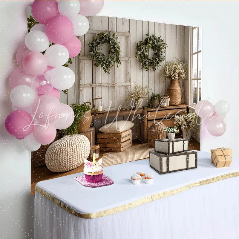 Lofaris Rustic Farmhouse Photography Backdrop with White Wood Wall and Eucalyptus Wreaths Natural Studio Background for Portrait Photoshoot