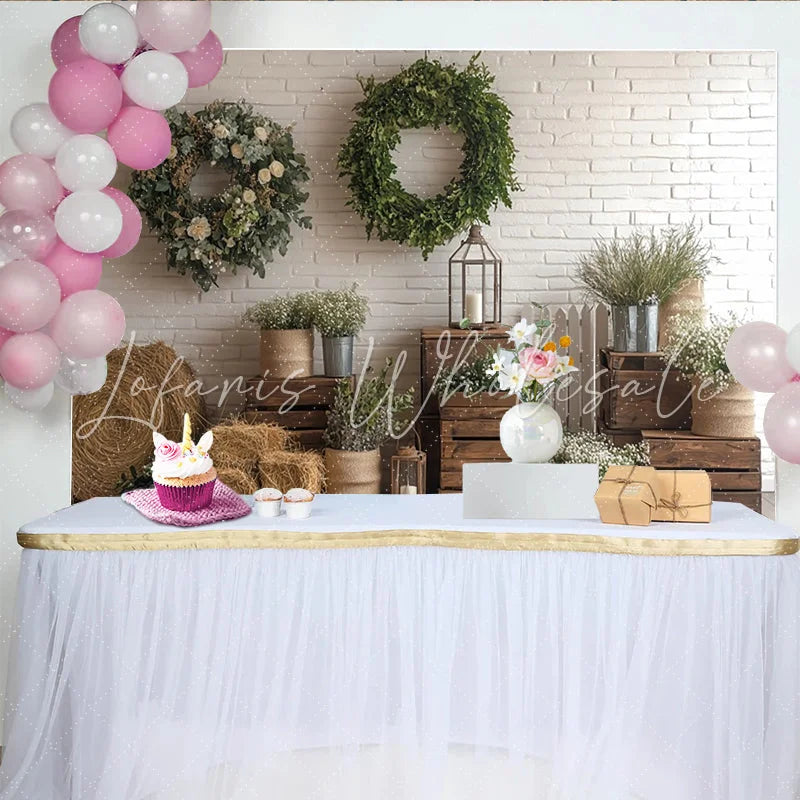 Lofaris Rustic Farmhouse Photography Backdrop with Wood Crates and Wreaths Natural White Brick Wall Decor for Portrait Photoshoot