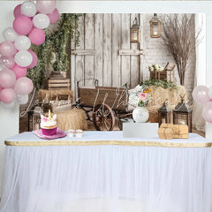 Lofaris Rustic Farmhouse Photography Backdrop with Wooden Wagon and Hay Bales Distressed Barn Wall Background for Studio Photoshoots