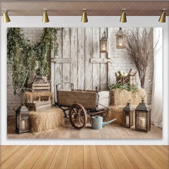 Lofaris Rustic Farmhouse Photography Backdrop with Wooden Wagon and Hay Bales Distressed Barn Wall Background for Studio Photoshoots