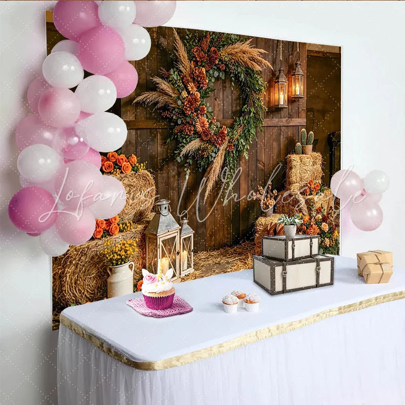 Lofaris Rustic Farmhouse Photography Backdrop with Wooden Wall and Wreath Hay Bales and Lanterns Studio Background for Western Photos