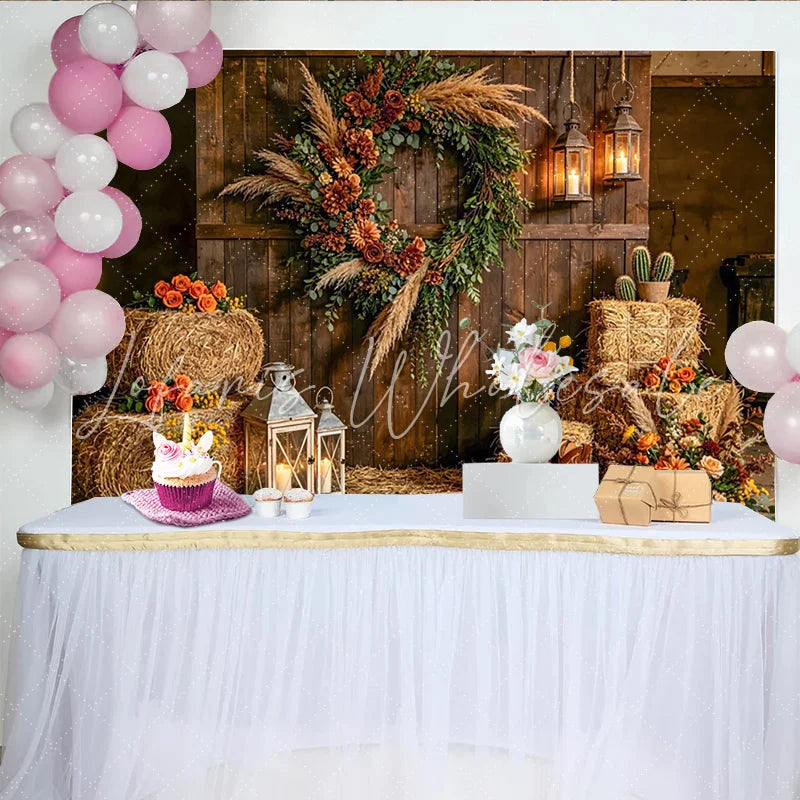 Lofaris Rustic Farmhouse Photography Backdrop with Wooden Wall and Wreath Hay Bales and Lanterns Studio Background for Western Photos