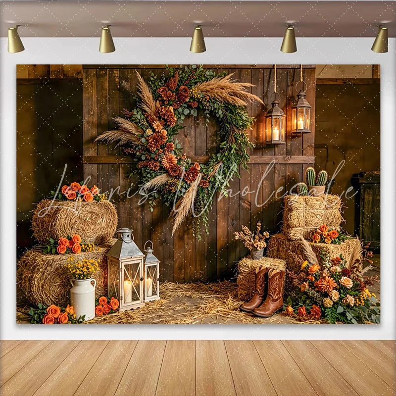 Lofaris Rustic Farmhouse Photography Backdrop with Wooden Wall and Wreath Hay Bales and Lanterns Studio Background for Western Photos