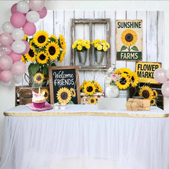 Lofaris Rustic Farmhouse Sunflower Photography Backdrop White Wood Wall Background with Welcome Friends Sign and Flower Market Decor