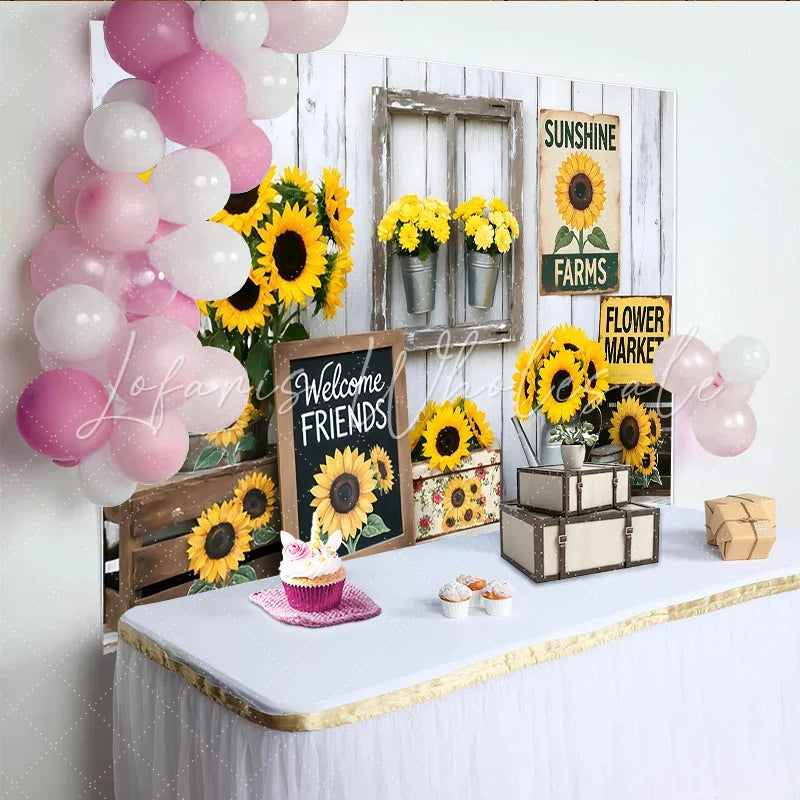 Lofaris Rustic Farmhouse Sunflower Photography Backdrop White Wood Wall Background with Welcome Friends Sign and Flower Market Decor
