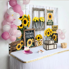 Lofaris Rustic Farmhouse Sunflower Photography Backdrop White Wood Wall Background with Welcome Friends Sign and Flower Market Decor