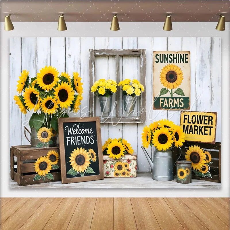 Lofaris Rustic Farmhouse Sunflower Photography Backdrop White Wood Wall Background with Welcome Friends Sign and Flower Market Decor