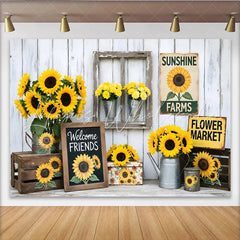 Lofaris Rustic Farmhouse Sunflower Photography Backdrop White Wood Wall Background with Welcome Friends Sign and Flower Market Decor