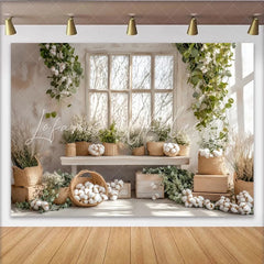 Lofaris Rustic Farmhouse Window Photography Backdrop with Cotton and Eucalyptus Natural Light Studio Background for Photoshoot