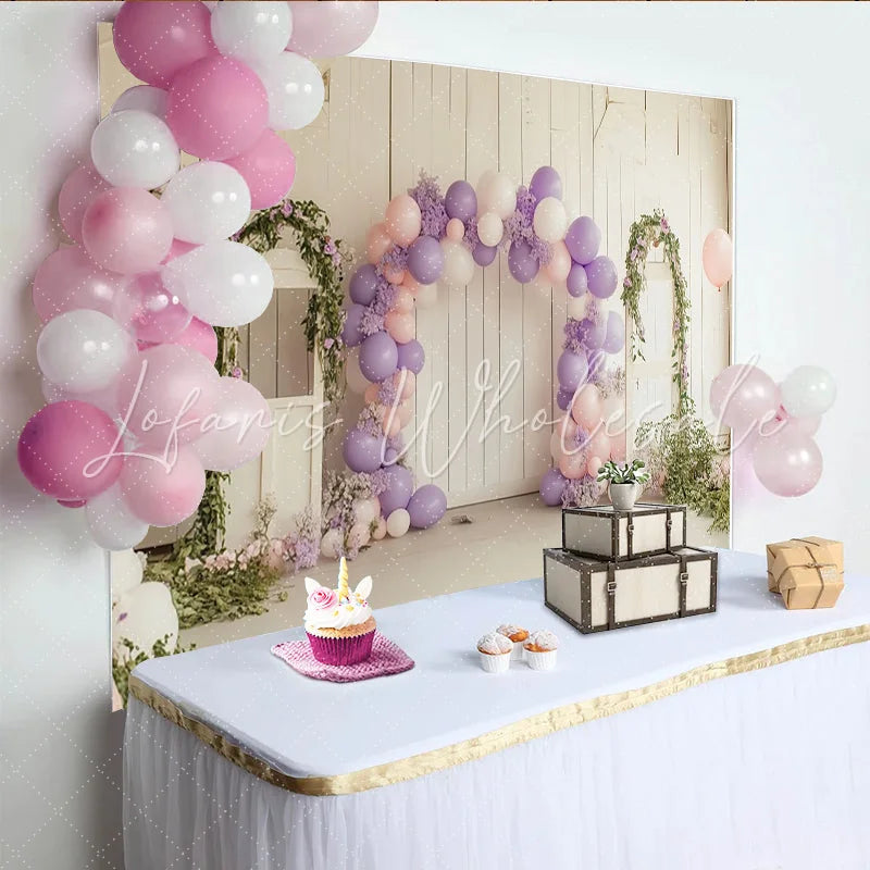 Lofaris Rustic Floral Balloon Birthday Backdrop with Lavender and Pink Elegant Studio Background for Party Photoshoot