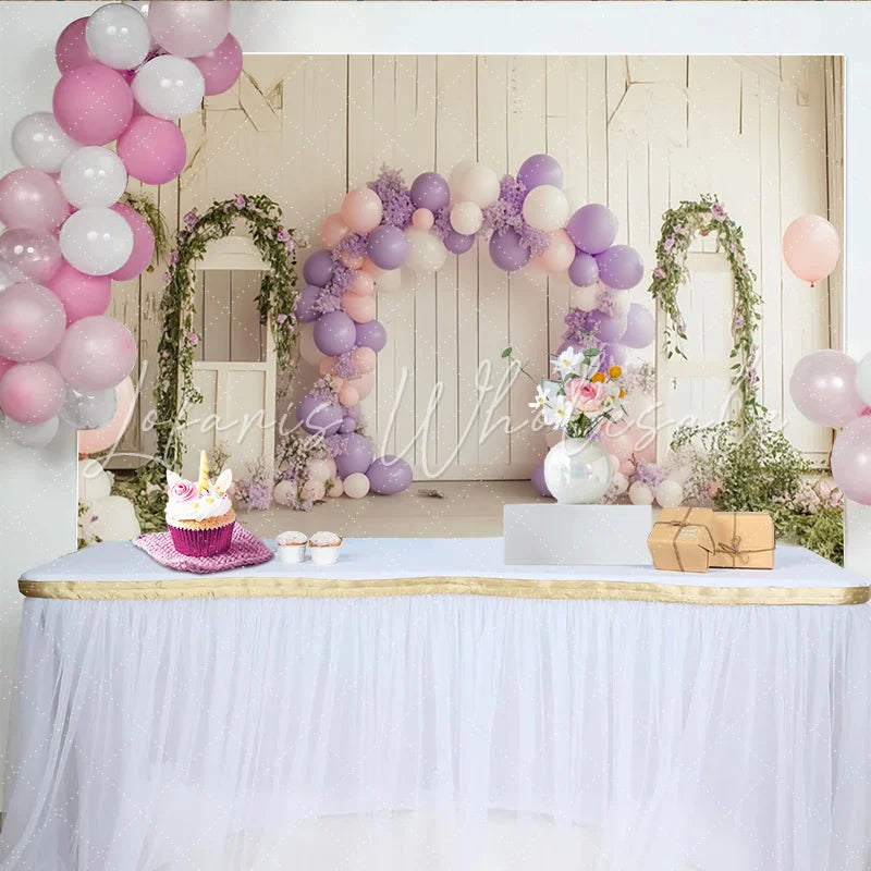 Lofaris Rustic Floral Balloon Birthday Backdrop with Lavender and Pink Elegant Studio Background for Party Photoshoot