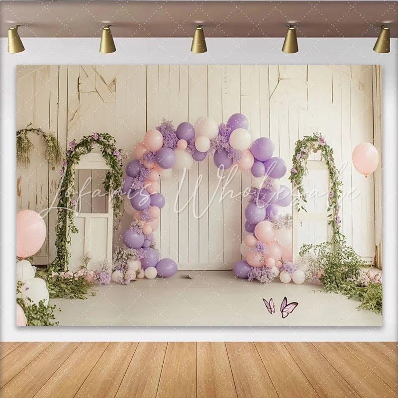 Lofaris Rustic Floral Balloon Birthday Backdrop with Lavender and Pink Elegant Studio Background for Party Photoshoot