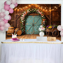 Lofaris Rustic Floral Barn Photography Backdrop with String Lights and Arch Elegant Wood Background for Wedding Engagement Photoshoot