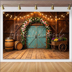 Lofaris Rustic Floral Barn Photography Backdrop with String Lights and Arch Elegant Wood Background for Wedding Engagement Photoshoot