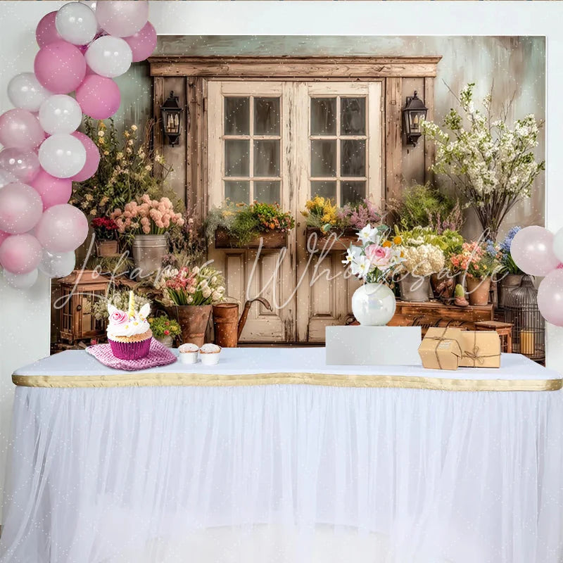 Lofaris Rustic Floral Door Photography Backdrop with Garden Flowers Charming Wooden Wall Background for Studio Photoshoot