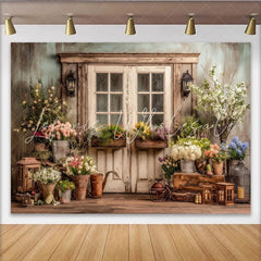 Lofaris Rustic Floral Door Photography Backdrop with Garden Flowers Charming Wooden Wall Background for Studio Photoshoot