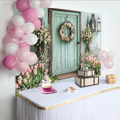 Lofaris Rustic Floral Door Photography Backdrop with Mint Green and Tulips Elegant Spring Garden Background for Portraits and Events