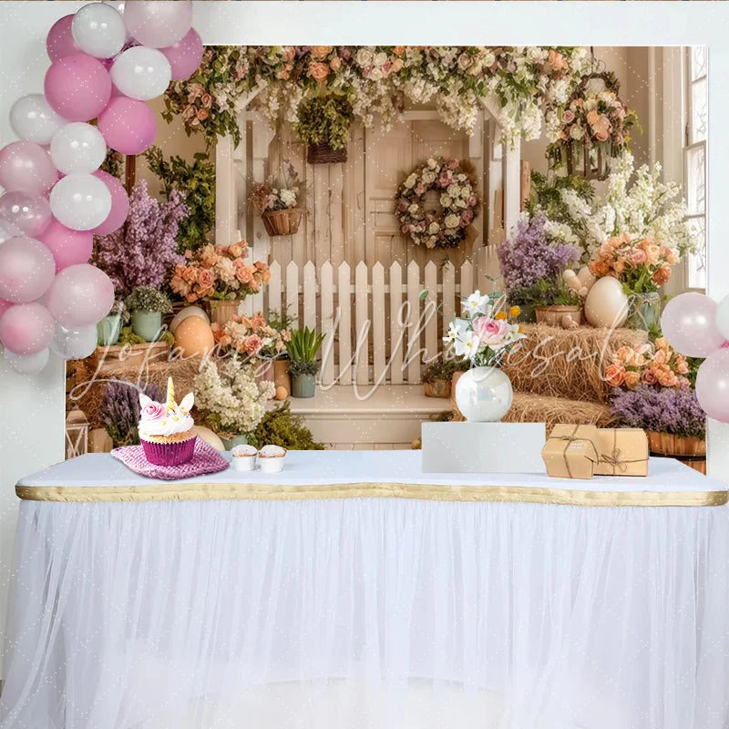 Lofaris Rustic Floral Easter Photography Backdrop with White Picket Fence Spring Holiday Decor for Photoshoot and Party