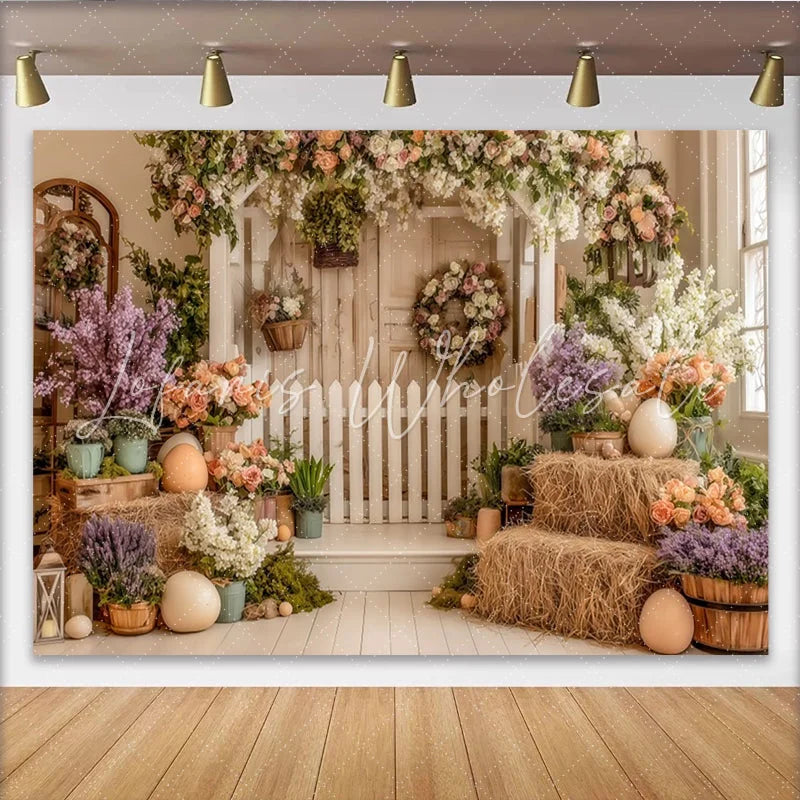Lofaris Rustic Floral Easter Photography Backdrop with White Picket Fence Spring Holiday Decor for Photoshoot and Party