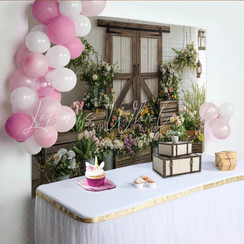 Lofaris Rustic Floral Photography Backdrop with Barn Door and Fresh Flowers Charming Studio Background for Spring Photoshoot and Event Decor