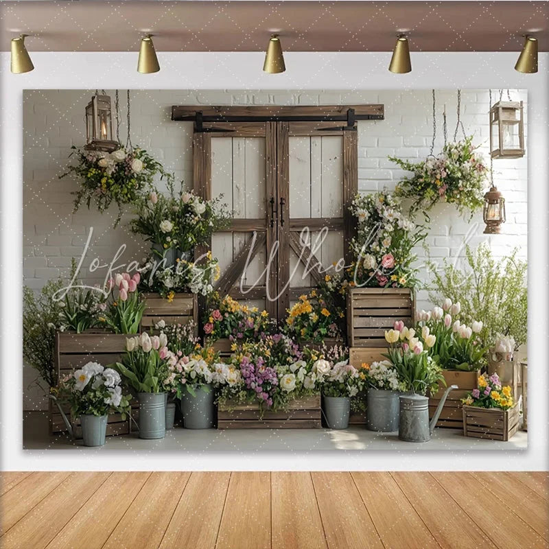 Lofaris Rustic Floral Photography Backdrop with Barn Door and Fresh Flowers Charming Studio Background for Spring Photoshoot and Event Decor