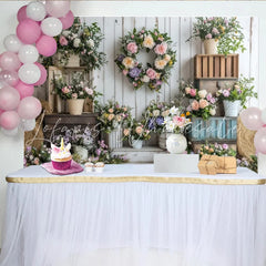 Lofaris Rustic Floral Photography Backdrop with Pastel Flowers and White Wood Wall Elegant Studio Background for Spring Photoshoot