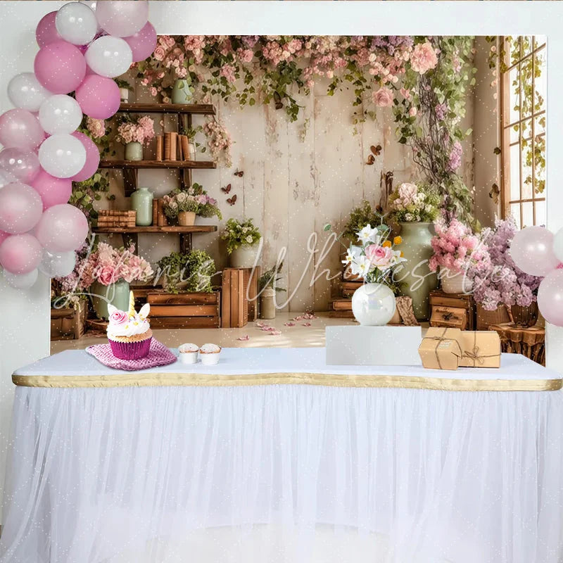 Lofaris Rustic Floral Photography Backdrop with Pink and Purple Flowers and Vines Elegant Studio Background for Portrait Photoshoot